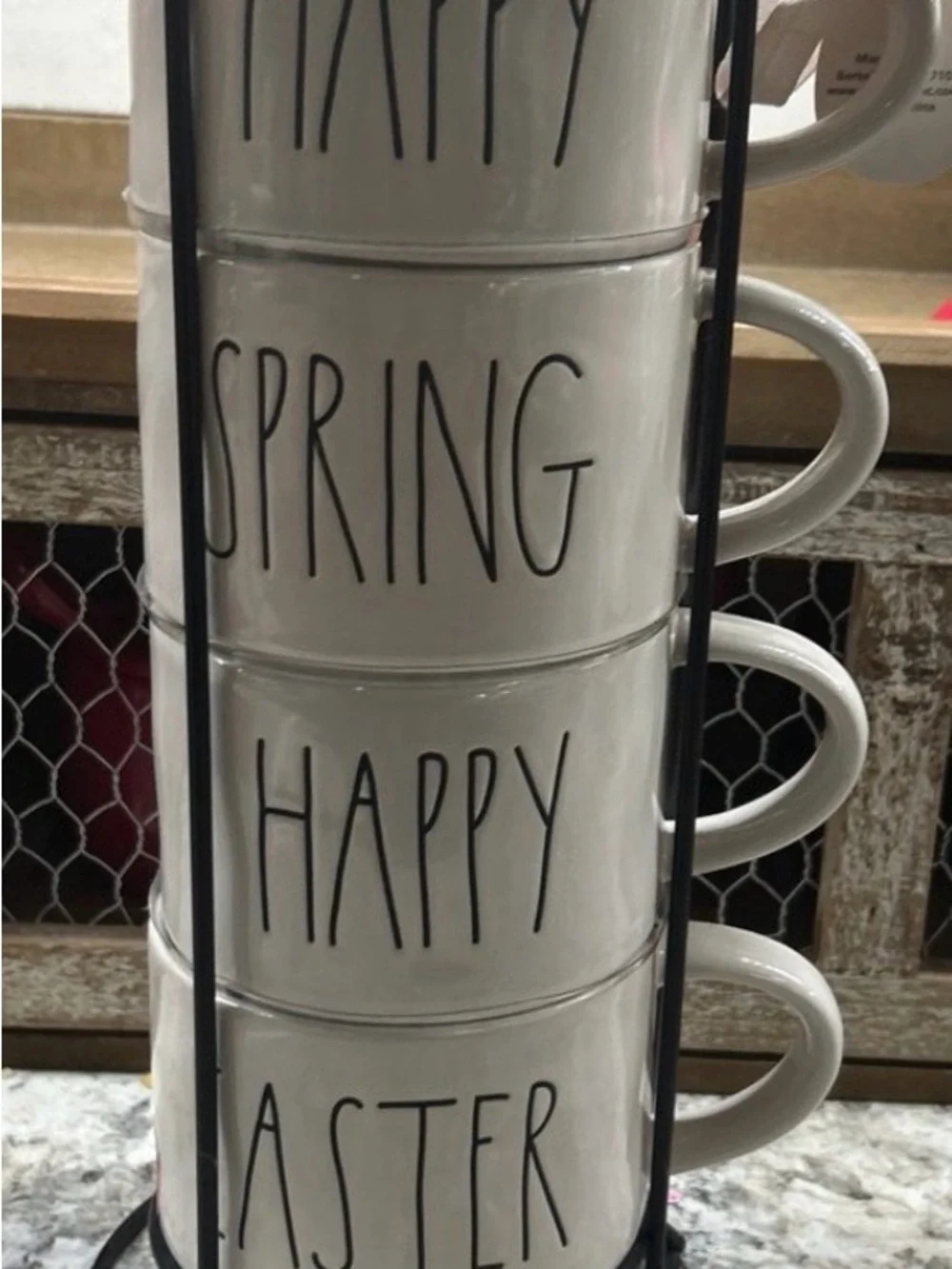Rae Dunn White Ceramic Stackable Mug Set with Black Rack